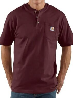 Carhartt Heavyweight Henley T-Shirt M Burgundy Short Sleeve Pocket Workwear